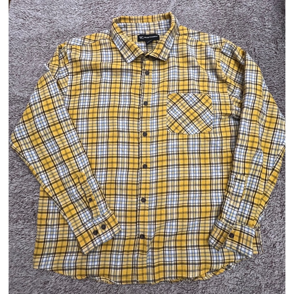 TrueTimber Mens XL Yellow Plaid Long Sleeve Button Down Cotton Flannel Shirt